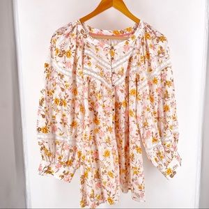 Anthropologie White Floral Pattern Bohemian Button Down Blouse Top Size XL